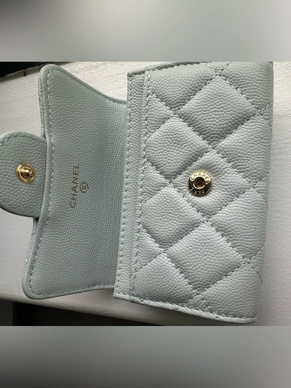 CHANEL Quilted Mini Wallet in Pale Blue with Gold Hardware